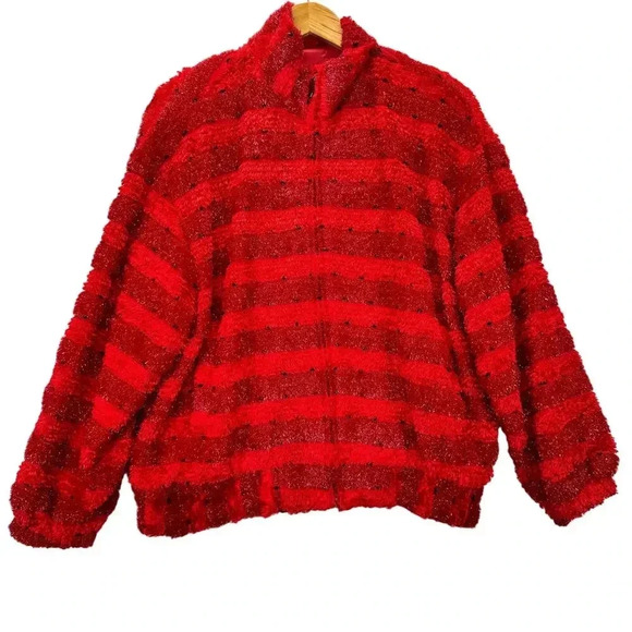 Vtg Ugly Sweater Red Bomber Jacket Full Zip Christmas Fluffy Cozy Oversized Sz L - Picture 1 of 10